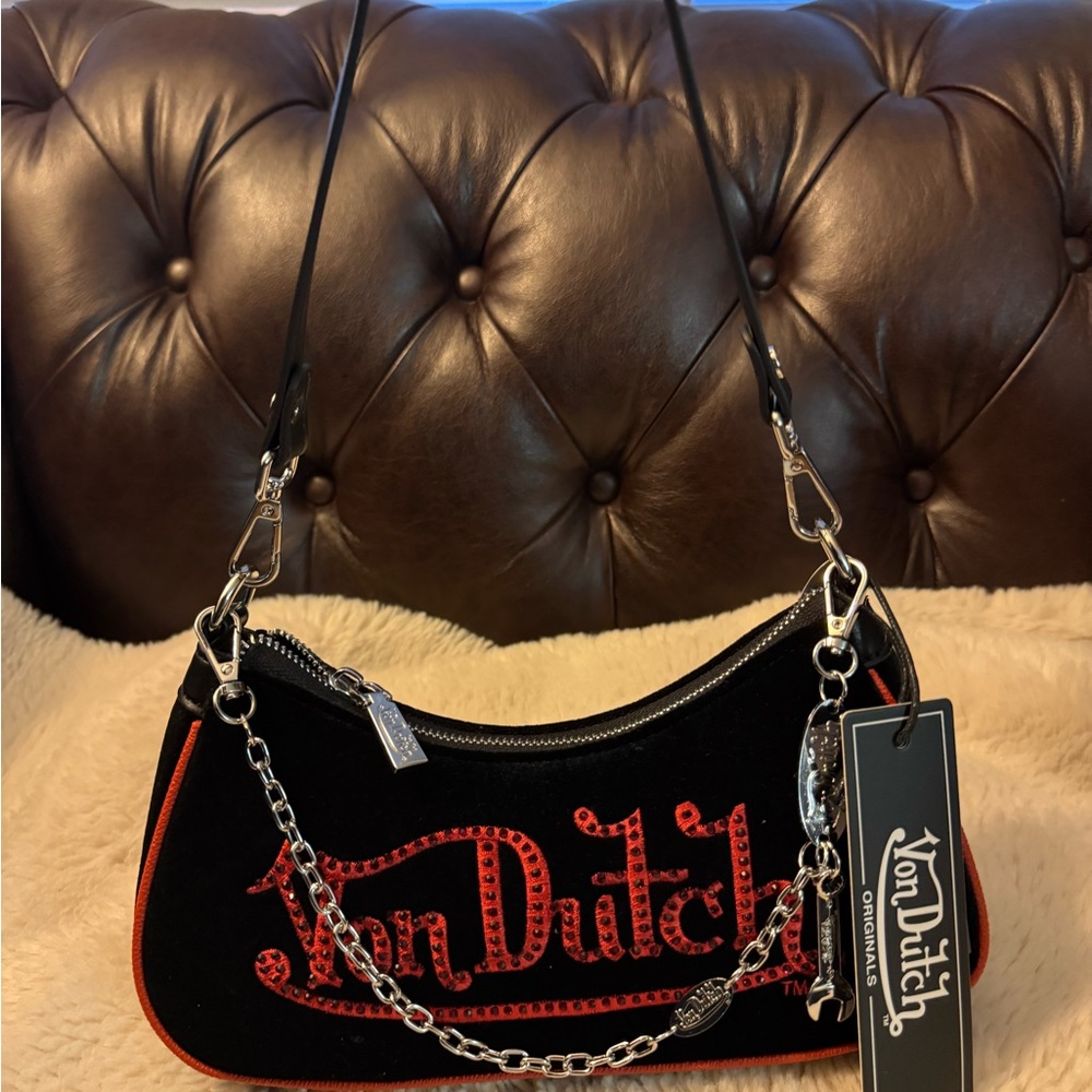Von Dutch NWT Black and Red Velvet-Like Bag Rhinestone Silver